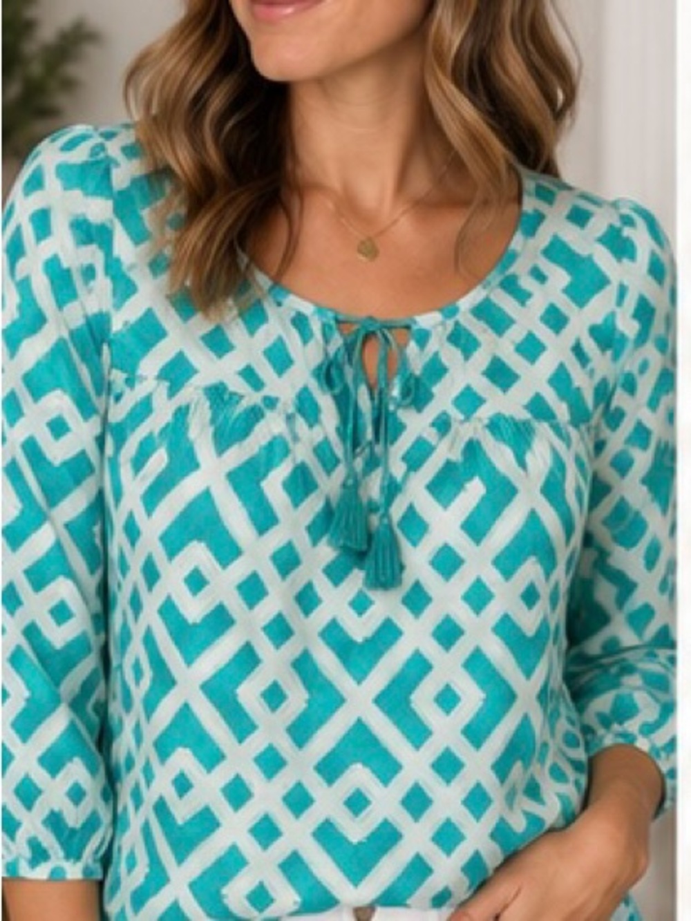 Vineyard Vines Women’s Small Turquoise Geometric Print Cotton Blouse